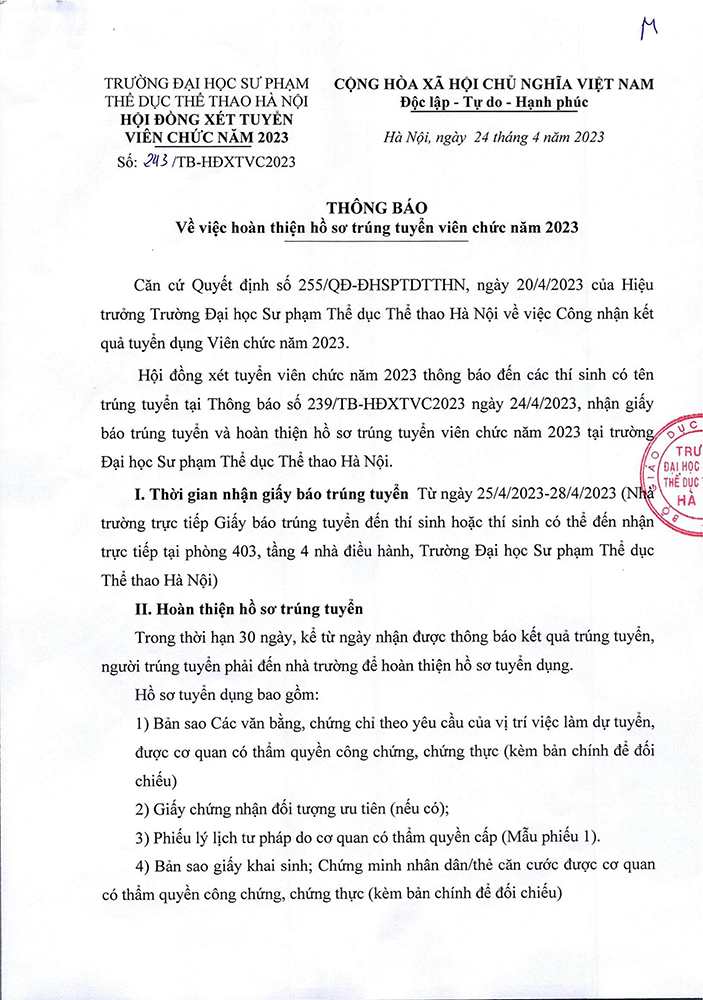 Thông báo vv hoàn thiện hồ sơ trúng tuyển viên chức năm 2023